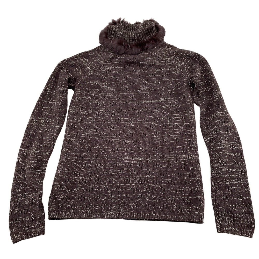 Escapade Sweater Women Small Brown Gold Glitter Rabbit Fur Trim Turtleneck Party